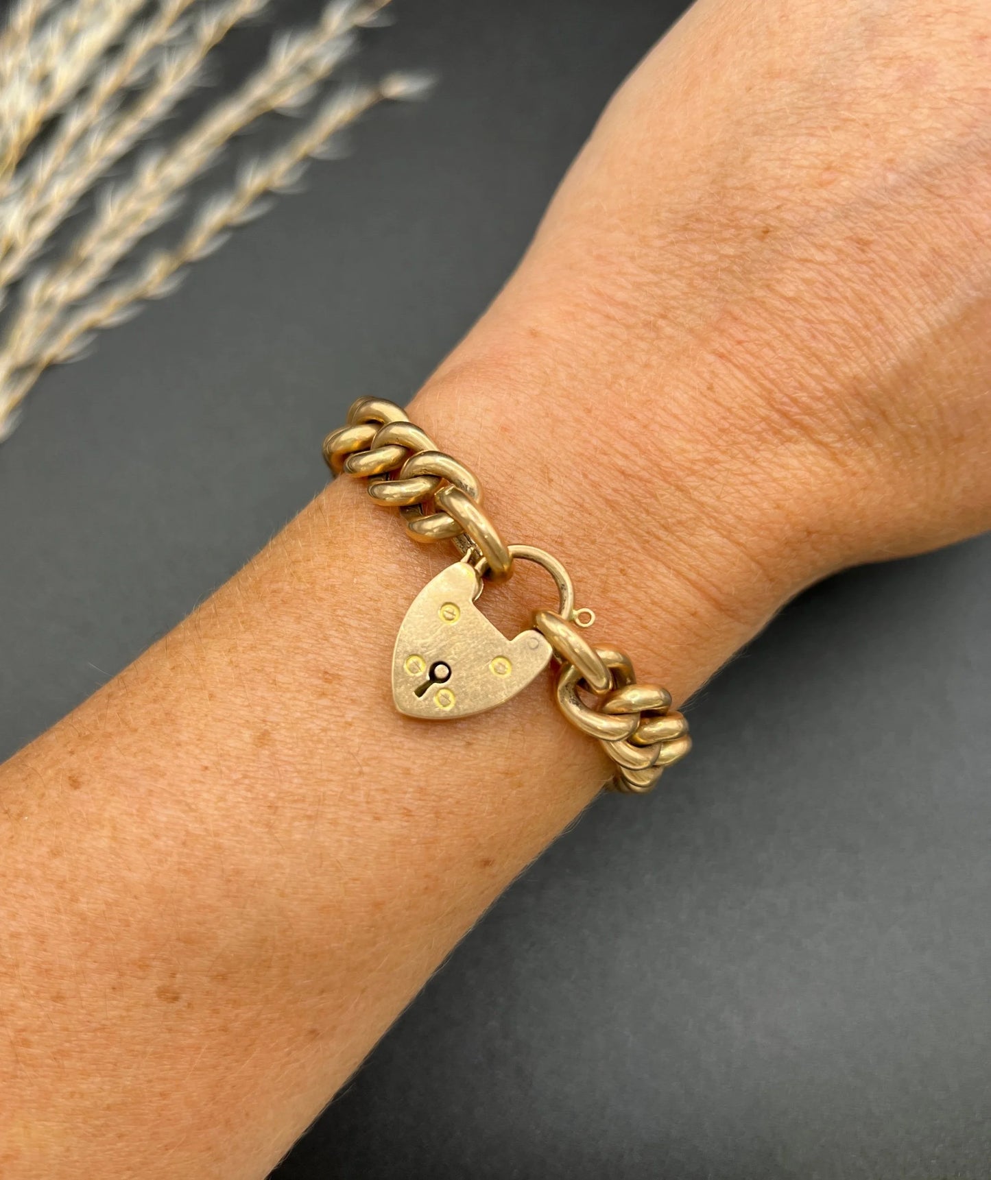 Victorian 15 Carat Rose Gold Curb Link Bracelet with Heart Padlock Clasp, Circa 1880