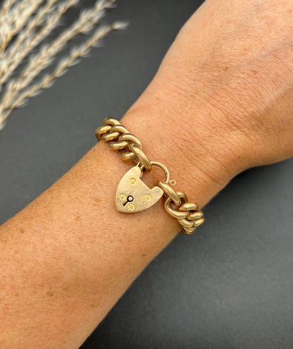Victorian 15 Carat Rose Gold Curb Link Bracelet with Heart Padlock Clasp, Circa 1880