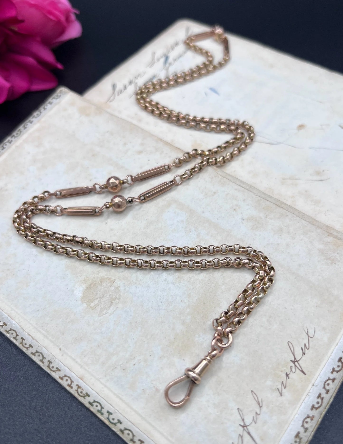 Antique 9ct Rose Gold, Edwardian Fancy Paperclip & Ball Link Belcher Chain 30 Inch