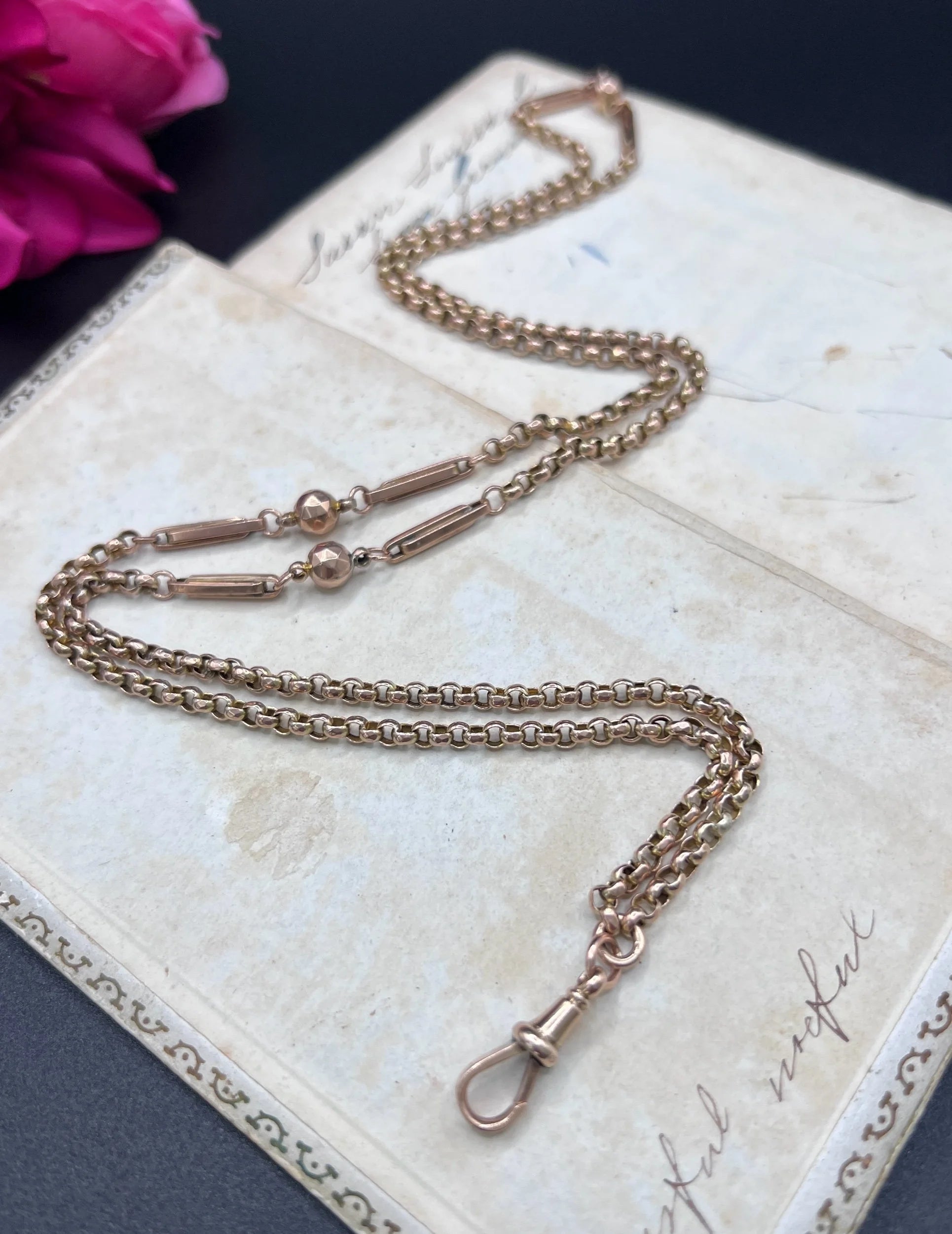 Antique 9ct Rose Gold, Edwardian Fancy Paperclip & Ball Link Belcher Chain 30 Inch