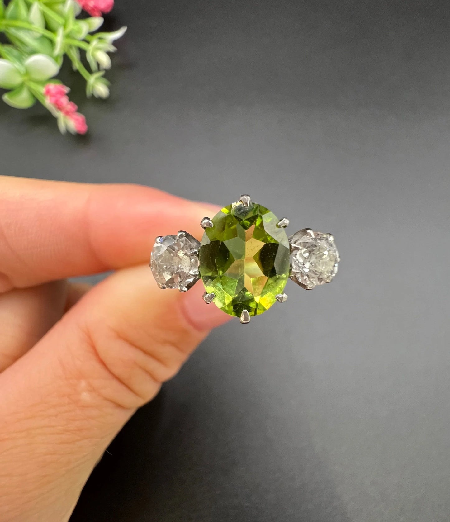 Antique Art Deco Peridot and Diamond Three Stone Ring, 1920s