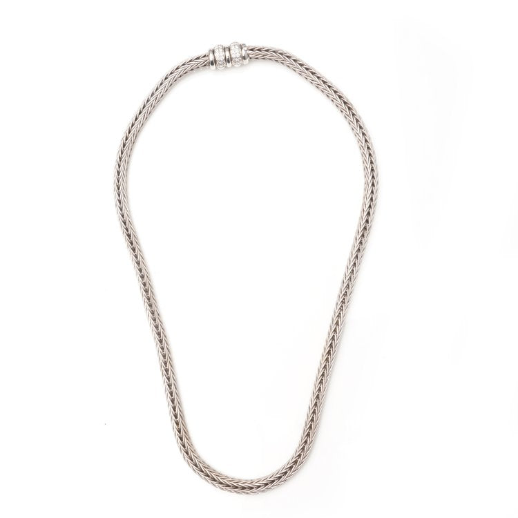 Vintage La Pepita 18ct White Gold Woven Wheat Necklace with Diamond Set Clasp, 1.08 carat total, Made in Italy, Circa 1990s