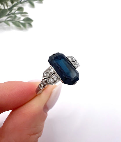 Antique Platinum, 1920s Original Art Deco Rectangular Sapphire & Diamond Ring