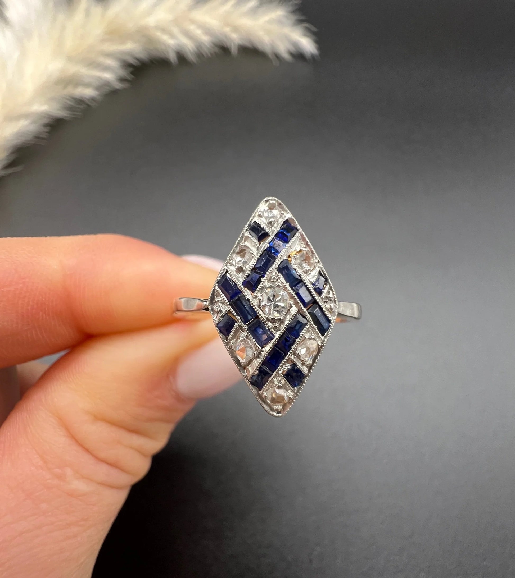Antique 18 Carat Gold And Platinum Art Deco Sapphire And Diamond Marquise Ring