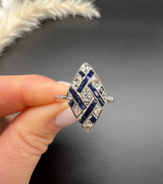 Antique 18 Carat Gold And Platinum Art Deco Sapphire And Diamond Marquise Ring