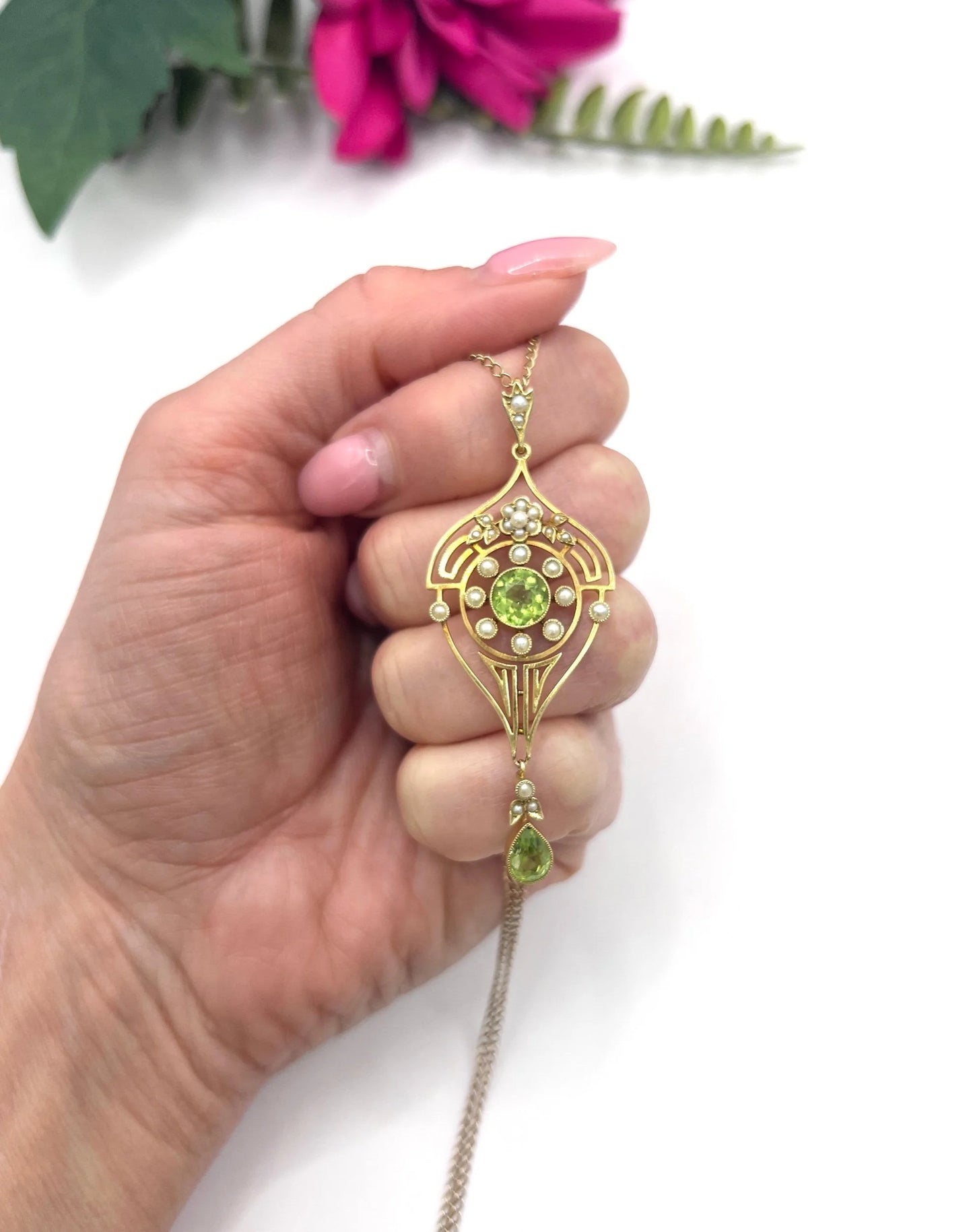 Antique 15 Carat Yellow Gold Peridot and Seed Pearl Drop Pendant, Circa 1910