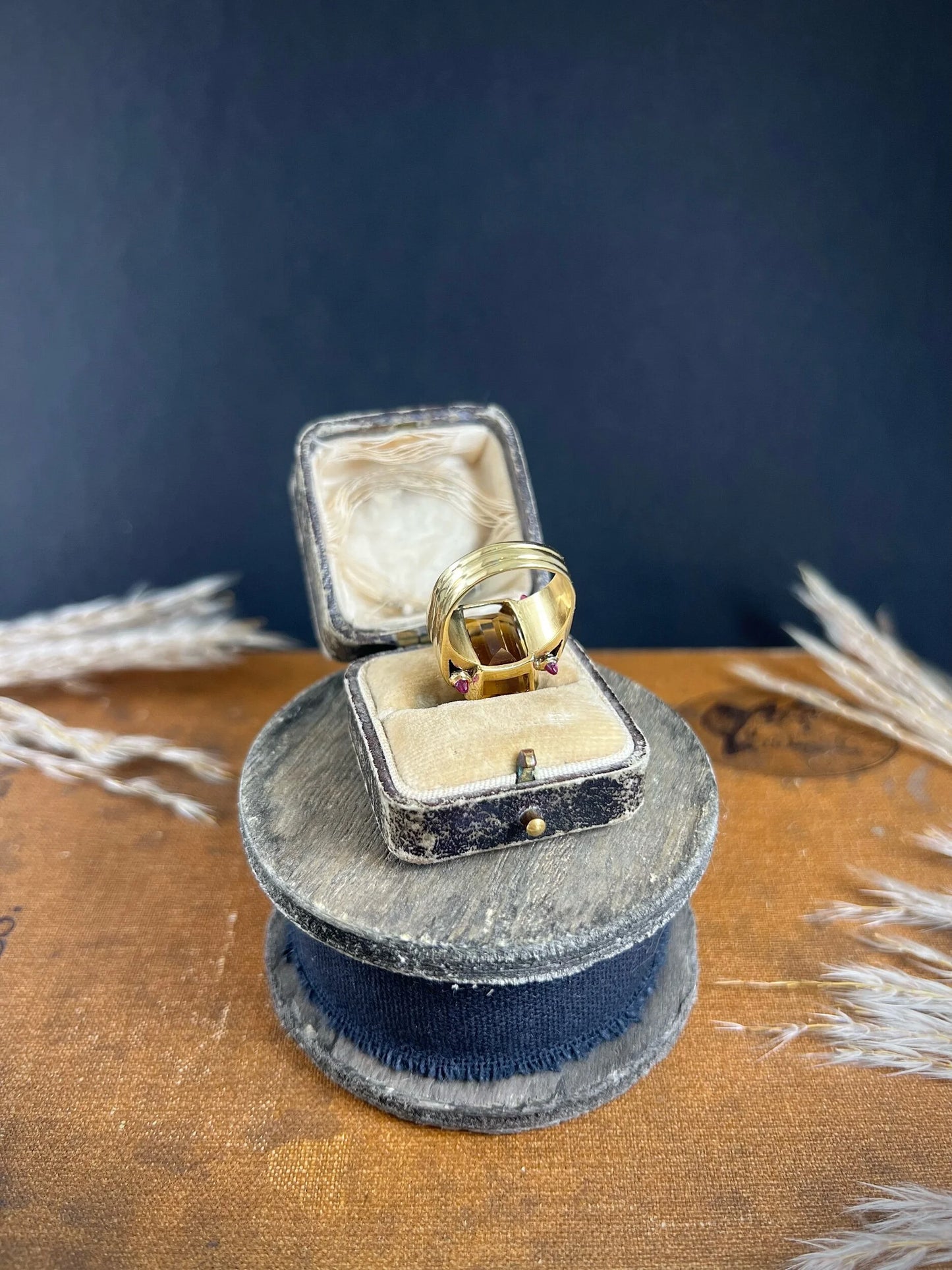 Vintage 18 Carat Yellow Gold Citrine and Cabochon Ruby Cocktail Ring, Circa 1940