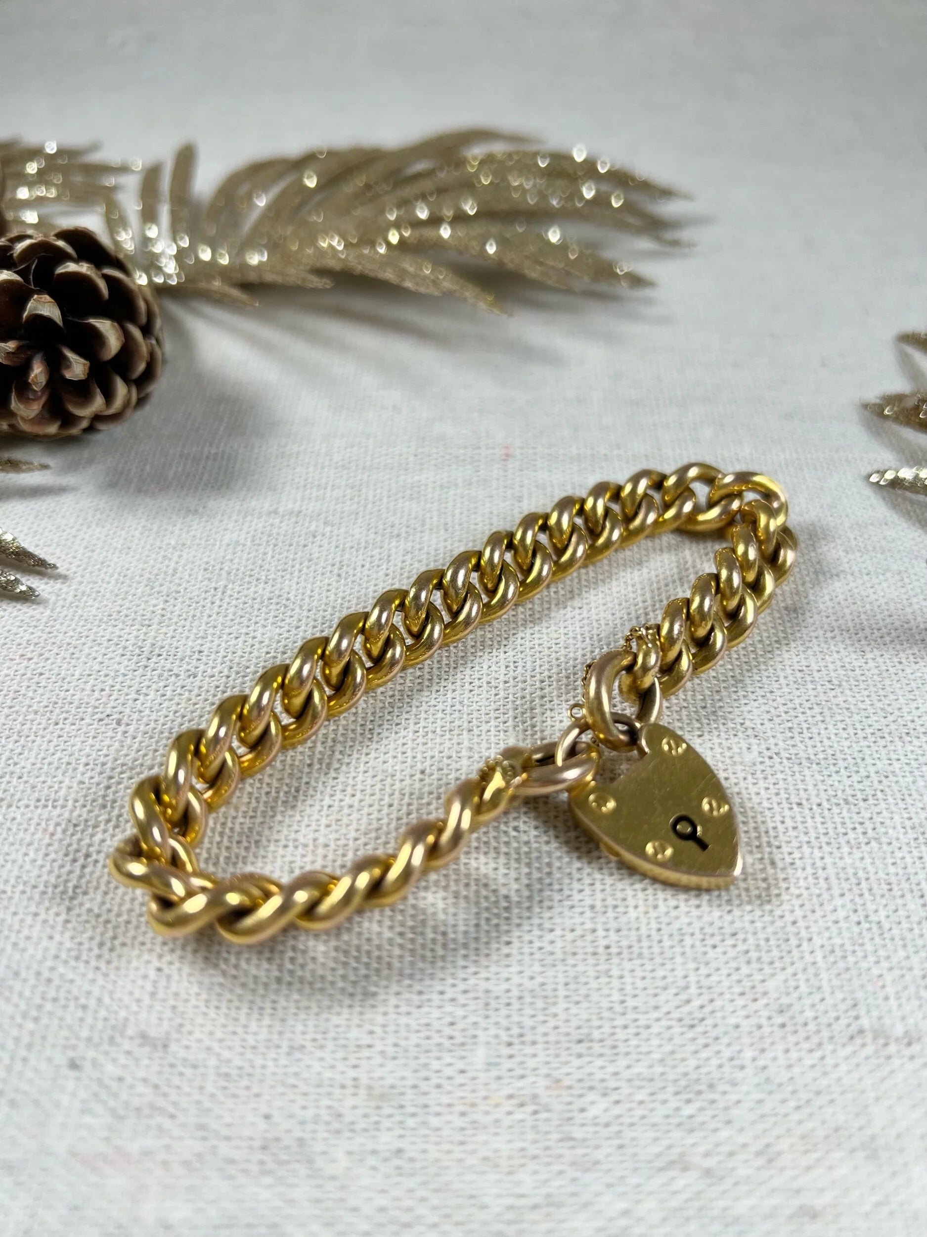 Victorian 15 Carat Yellow Gold Curb Link Bracelet with Heart Padlock Clasp, Circa 1880