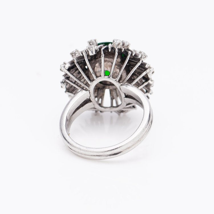 Vintage Certified 3.60ct Natural Jadeite Jade and Diamond Starburst Cluster Ring in 14ct White Gold, Circa 1950s