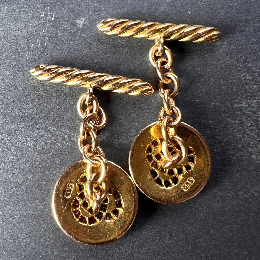 Ruby Sapphire Diamond Trefoil Gold Cufflinks