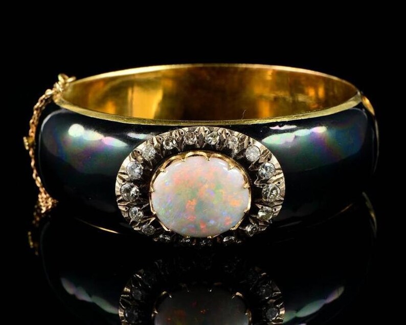 Antique Victorian 7ct Natural Harlequin Opal Diamond Enamel Gold Bangle Bracelet