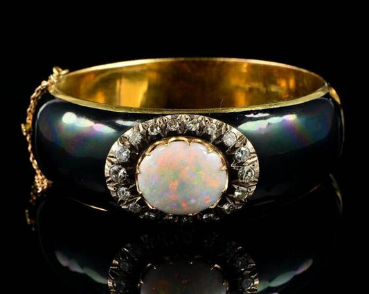 Antique Victorian 7ct Natural Harlequin Opal Diamond Enamel Gold Bangle Bracelet
