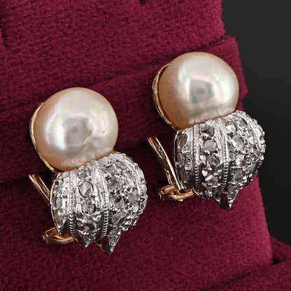 Vintage Buccellati Natural Pearl and Rose Cut Diamond Clip Earrings