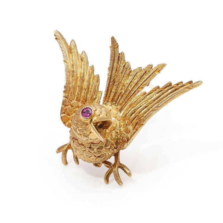 Vintage Hermes 18ct Yellow Gold Bird Brooch with Ruby