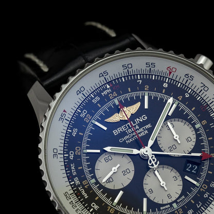 Breitling Navitimer GMT AB044121 2017 Watch Box Papers Warranty, black dial skeleton back Black Crocodile strap steel Breitling folding deployment clasp