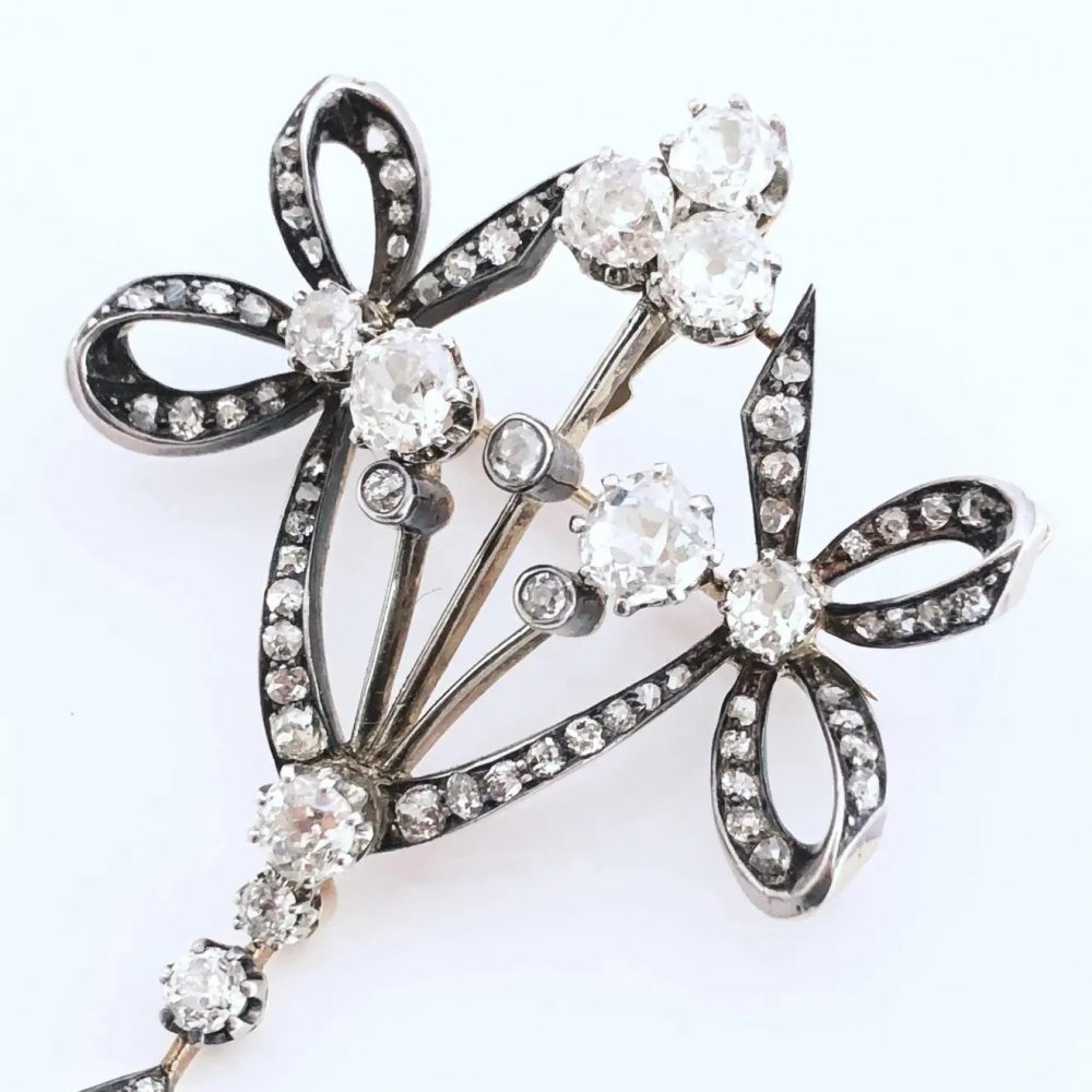 Antique Victorian 5ct Old Cut Diamond Bow Pendant Brooch