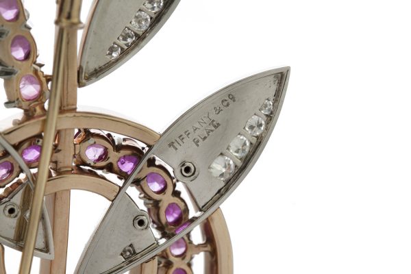 Tiffany and Co Vintage 1940s Ruby and Diamond Retro Floral Spray Brooch, in platinum and 14ct yellow gold