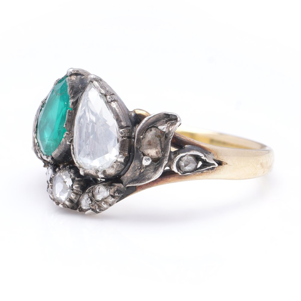 Georgian Antique 1ct Pear Diamond and Emerald Two Stone Ring