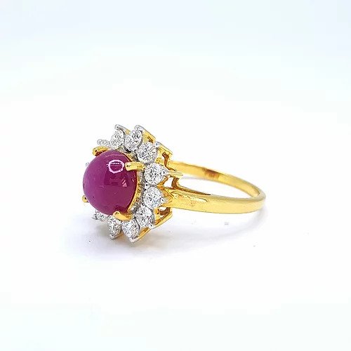 Cabochon Burma Ruby and Diamond Cluster Ring in 18ct Yellow Gold