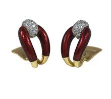 Vourakis Red Enamel, Diamond and 18ct Gold Buckle Clip On Earrings
