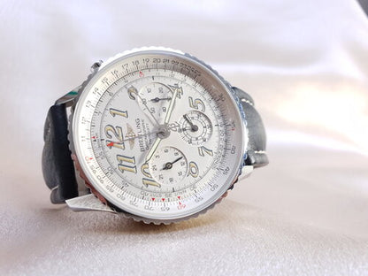 Breitling Navitimer Twin Sixty 41mm Stainless Steel Automatic Chronograph Watch, white dial, sapphire crystal, leather strap, Circa 2000s