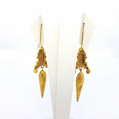 Antique Victorian Turquoise and 9ct Yellow Gold Escutcheon Drop Earrings