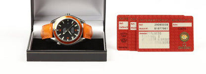 Omega Seamaster Planet Ocean 600M Orange Stainless Steel Automatic Watch, Ref 2908.50.38, 45.5mm steel case, black dial, unidirectional rotating diver's bezel, screw-down crown, helium-escape valve, orange Omega strap with stainless steel push-button deployment buckle, with Omega papers.