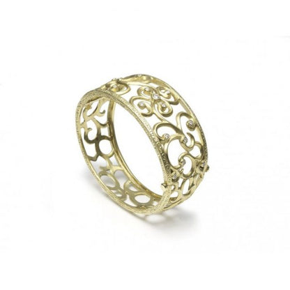 Vintage Diamond and Gold Swirl Bangle Bracelet; 18ct yellow gold wide tapering hinged bangle, with openwork design set with 0.40cts round brilliant cut diamonds, Late 20th century