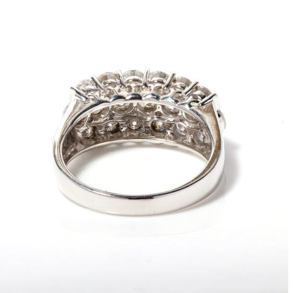 Vintage 1970s Diamond Three Row Unisex Dress Ring in 18ct White Gold, 3.80 carats