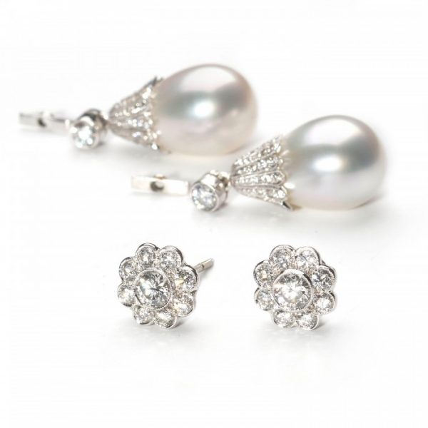Edwardian Style South Sea Pearl and Diamond Convertible Drop Earrings in Platinum, 1.65 carats