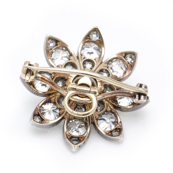 Antique Victorian Pearl and Old Cut Diamond Flower Brooch Pendant