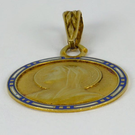 Vintage French 18ct Gold and Blue Enamel Virgin Mary Pendant; designed as a medal depicting the Virgin Mary with a blue and white cloisonné enamel frame