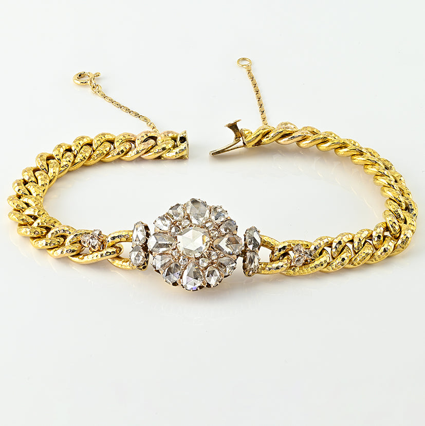 Victorian Antique 5.20ct Rose Cut Diamond Cluster 10ct Yellow Gold Curb Bracelet