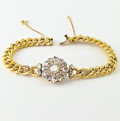 Victorian Antique 5.20ct Rose Cut Diamond Cluster 10ct Yellow Gold Curb Bracelet