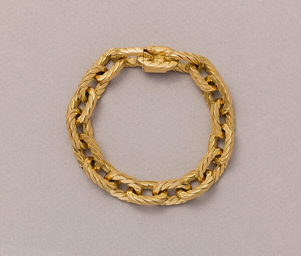 Vintage 18ct Yellow Gold Fancy Link Bracelet; with fancy oval rope twist design links. Master mark for Rollang & Cie