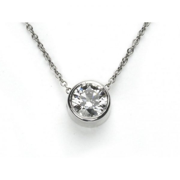 0.72ct Single Stone Diamond Solitaire Pendant; featuring a GIA certified 0.72 carat round brilliant-cut diamond with F colour and VS 2 clarity, rub-over set in platinum, on a fine trace chain