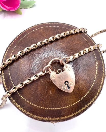 Antique 9 Carat Rose Gold Tulip Link Chain with Edwardian Heart Padlock Clasp