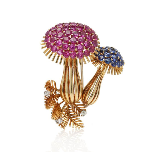 Vintage 18ct Gold Mushroom Brooch with Rubies and Sapphires; designed as two mushrooms, one set with 5.85cts rubies the other with 2.70cts sapphires, the base with diamond accents