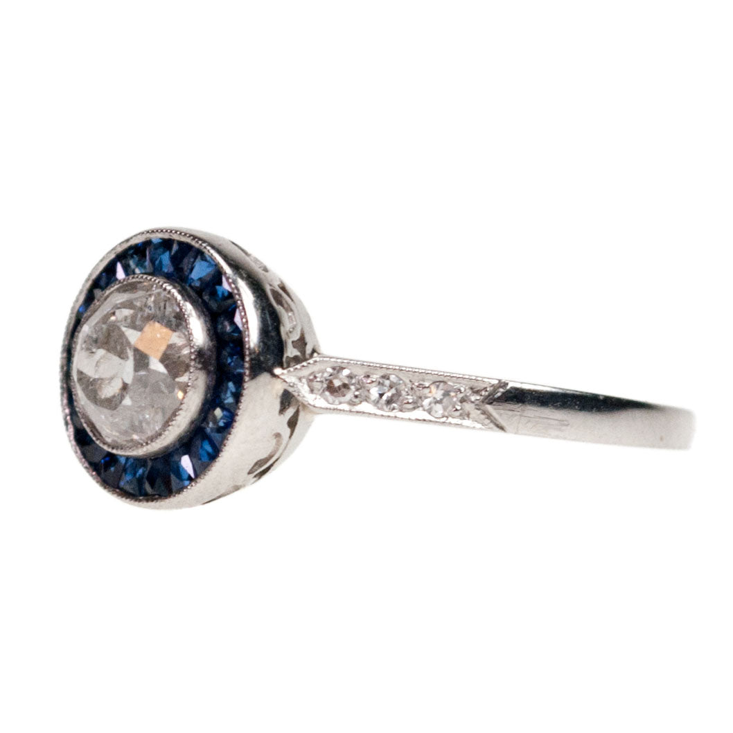 Platinum Old Mine-Cut Diamond and Sapphire Halo Cluster Ring, 0.80 Carat