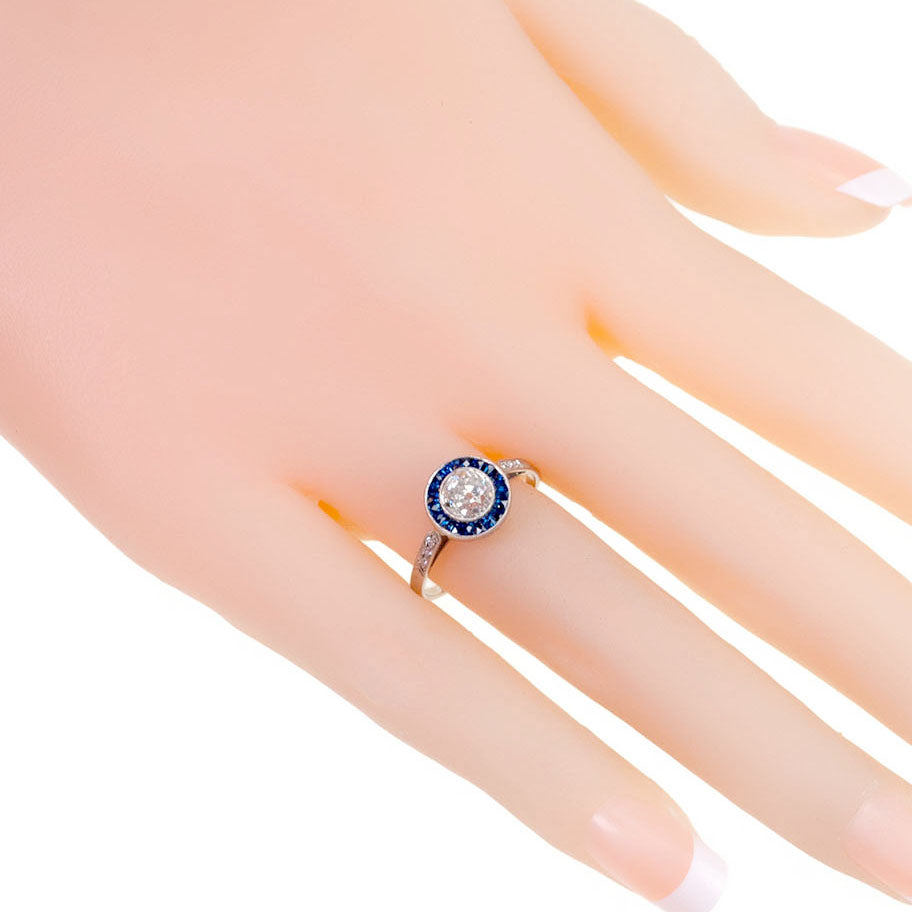 Platinum Old Mine-Cut Diamond and Sapphire Halo Cluster Ring, 0.80 Carat