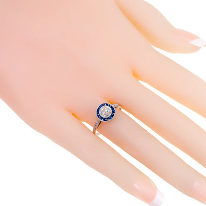 Platinum Old Mine-Cut Diamond and Sapphire Halo Cluster Ring, 0.80 Carat