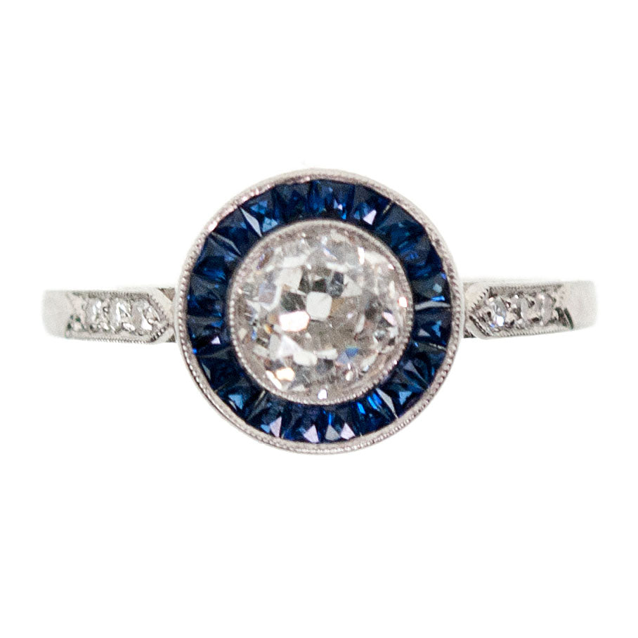 Platinum Old Mine-Cut Diamond and Sapphire Halo Cluster Ring, 0.80 Carat