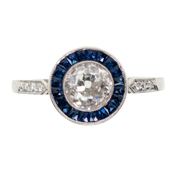 Platinum Old Mine-Cut Diamond and Sapphire Halo Cluster Ring, 0.80 Carat