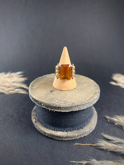 Vintage 18 Carat Yellow Gold Citrine and Cabochon Ruby Cocktail Ring, Circa 1940