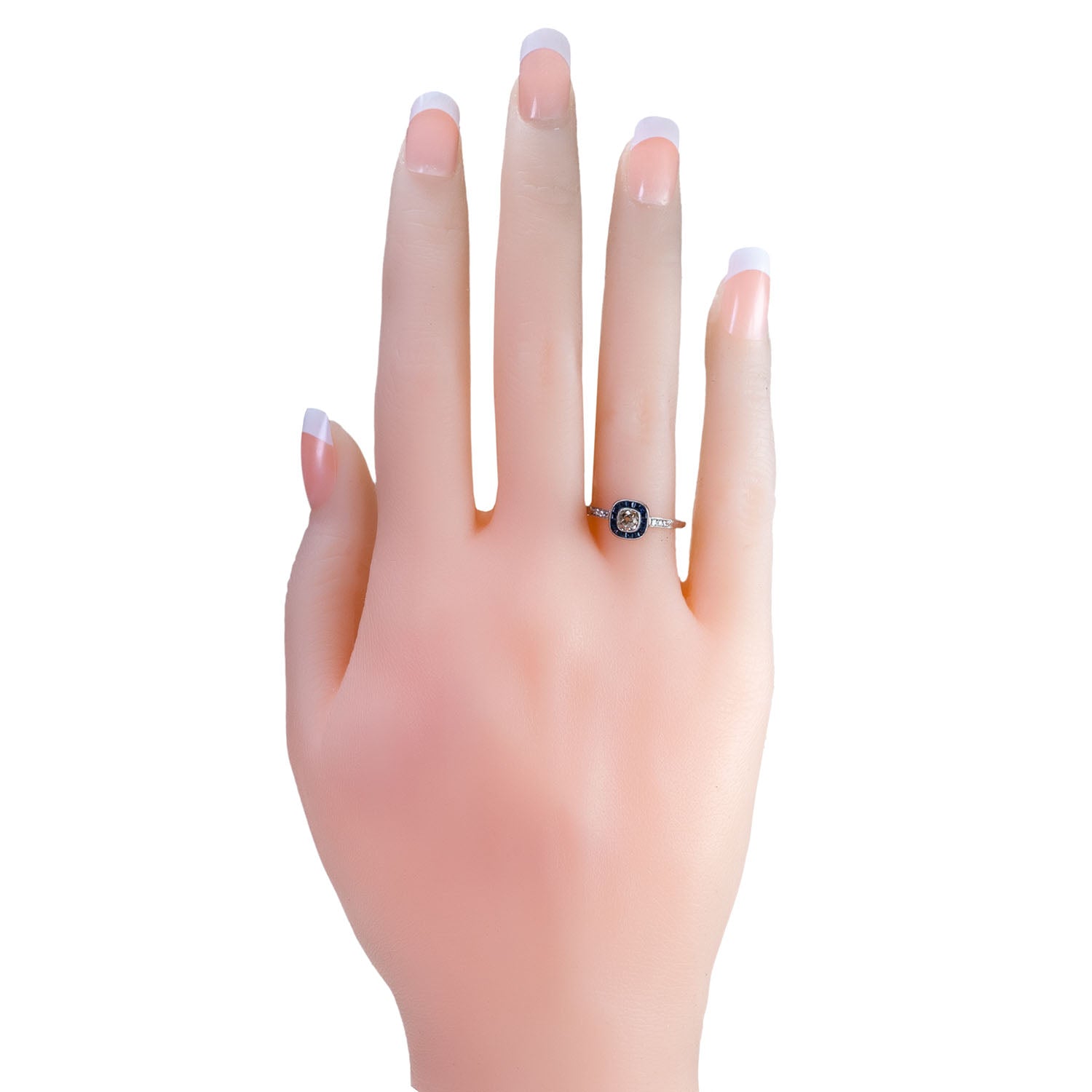 Platinum Cushion-Cut Diamond and Sapphire Halo Cluster Ring