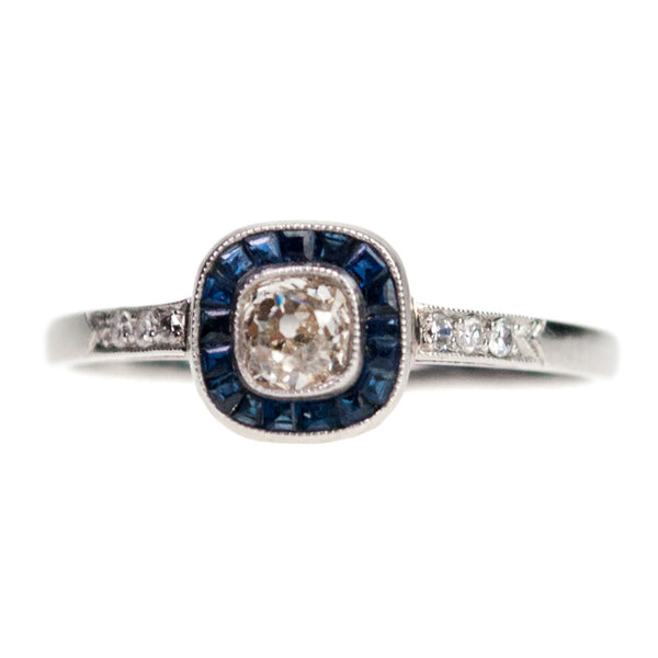 Platinum Cushion-Cut Diamond and Sapphire Halo Cluster Ring