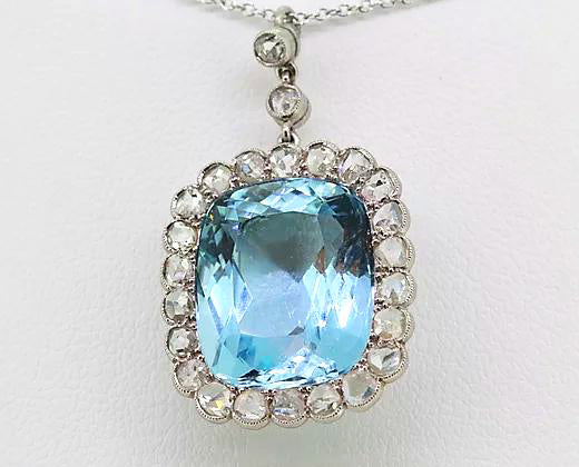 Art Deco Aquamarine and Rose Cut Diamond Pendant set in Platinum