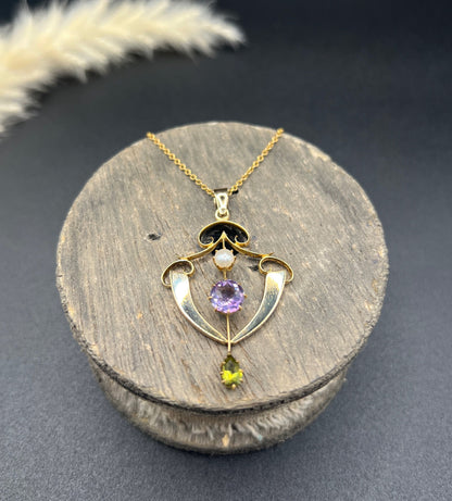 Antique 9ct Gold, Edwardian Amethyst, Pearl & Peridot Suffragette Pendant