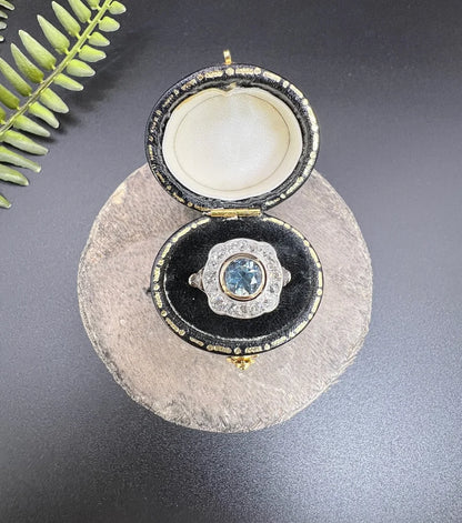 Antique Aquamarine And Diamond Cluster Ring In 18 Carat Yellow Gold And Platinum