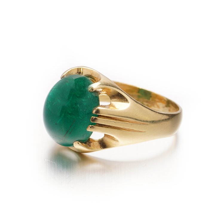 Certified 7.50ct Domed Cabochon Zambian Emerald Ring in 18ct Yellow Gold